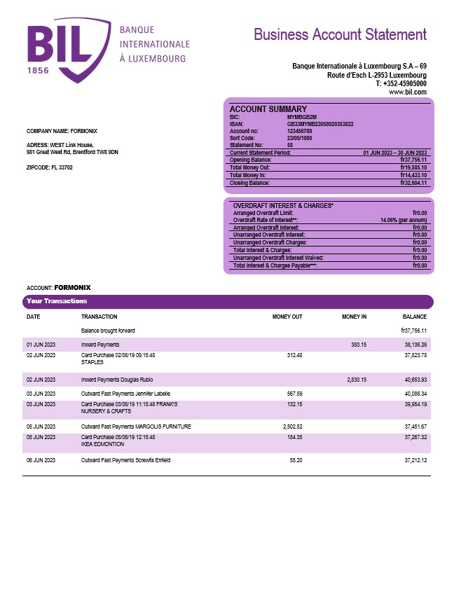 Banque Internationale, une organisation luxembourgeoise, relevé de compte courant Modèle Word et PDF